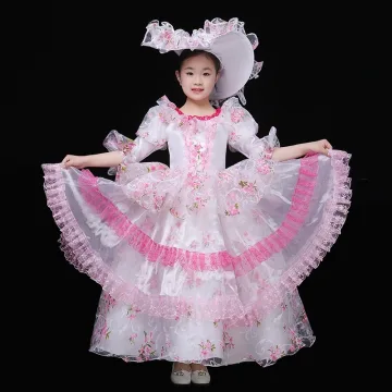 Vintage Retro Medieval Blushing Pink Flower Girl Dresses 2024 3d Lace Printing Floral Floor Length Long Lace Scoop Neck 1 2 Sleeves Cosplay Prom Ball Gown Wedding Party Dresses