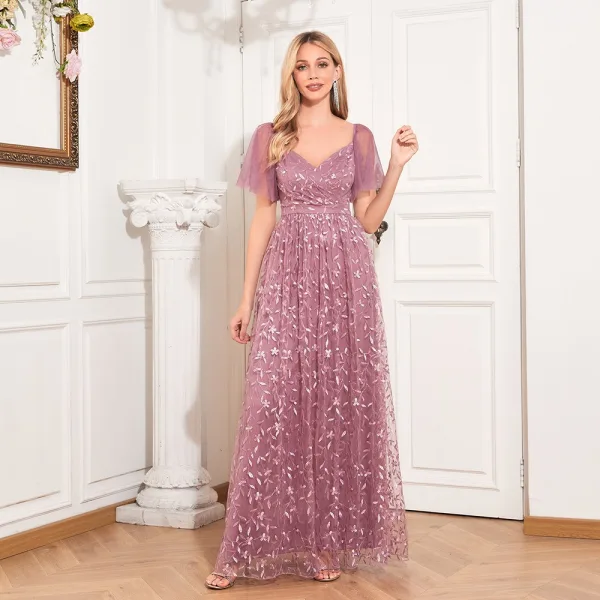 Elegant Blushing Pink Lace Flower Prom Dresses 2024 A-Line / Princess Square Neckline Short Sleeve Backless Floor-Length / Long Prom Formal Dresses