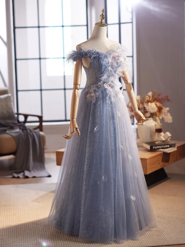 Chic / Beautiful Sky Blue Beading Tassel Appliques Sequins Prom Dresses 2025 A-Line / Princess Off-The-Shoulder Short Sleeve Backless Floor-Length / Long Formal Dresses