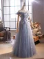 Chic / Beautiful Sky Blue Beading Tassel Appliques Sequins Prom Dresses 2025 A-Line / Princess Off-The-Shoulder Short Sleeve Backless Floor-Length / Long Formal Dresses