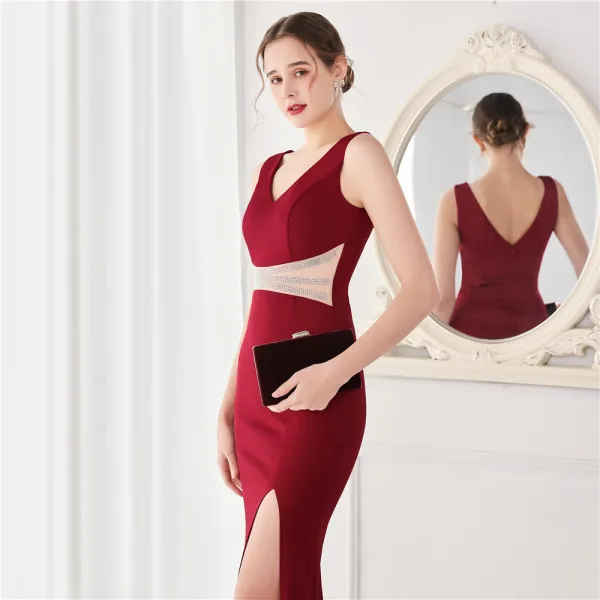 Chic / Beautiful White Satin Evening Dresses 2022 Trumpet / Mermaid V-Neck Sleeveless Backless Rhinestone Split Front Floor-Length / Long Evening Party Formal Dresses