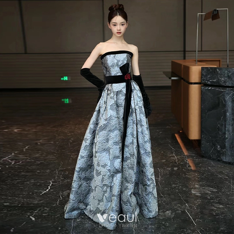 Audrey Hepburn Style Ocean Blue Printing Split Front Prom Dresses 2024 A- Line / Princess Strapless Sleeveless Backless Bow Sash Floor-Length / Long Prom  Formal Dresses