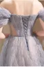 Chic / Beautiful Sky Blue Glitter Beading Appliques Prom Dresses 2023 A-Line / Princess Off-The-Shoulder Short Sleeve Backless Floor-Length / Long Prom Formal Dresses