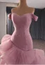 High-end Unusual Blushing Pink Cascading Ruffles Prom Dresses 2025 Ball Gown Off-The-Shoulder Short Sleeve Backless Sweep Train Formal Dresses
