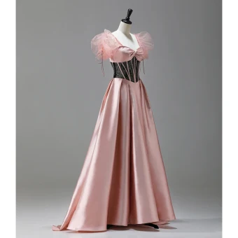 Élégant Rougissant Rose Robe De Bal 2022 Princesse Encolure Carrée Gonflée Manches Courtes Noeud Dos Nu Longue Promo Robe De Ceremonie
