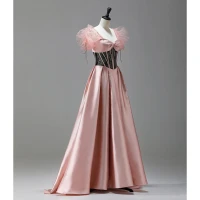 Elegante Rosa Ballkleider 2022 A Linie Eckiger Ausschnitt Geschwollenes Kurze Ärmel Schleife Rückenfreies Lange Ball Festliche Kleider