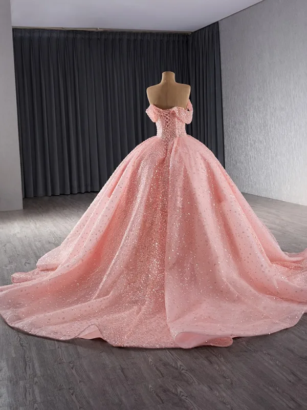 High End Schön Rosa Handgefertigt Perlenstickerei Pailletten Ballkleider 2024 Ballkleid Bandeau Ärmellos Rückenfreies Kapelle-Schleppe Ball Festliche Kleider