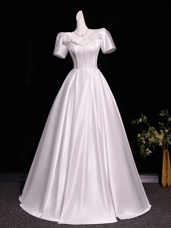 Vintage / Retro Ivory Pearl Appliques Prom Dresses 2026 Ball Gown Scoop Neck Short Sleeve Backless Floor-Length / Long Formal Dresses