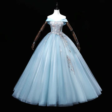 Elegant Sky Blue Sequins Lace Flower Prom Dresses 2022 Ball Gown Off The Shoulder Sleeveless Backless Floor Length Long Prom Formal Dresses