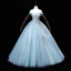 Elegant Sky Blue Sequins Lace Flower Prom Dresses 2022 Ball Gown Off-The-Shoulder Sleeveless Backless Floor-Length / Long Prom Formal Dresses