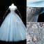 Elegant Sky Blue Sequins Lace Flower Prom Dresses 2022 Ball Gown Off-The-Shoulder Sleeveless Backless Floor-Length / Long Prom Formal Dresses