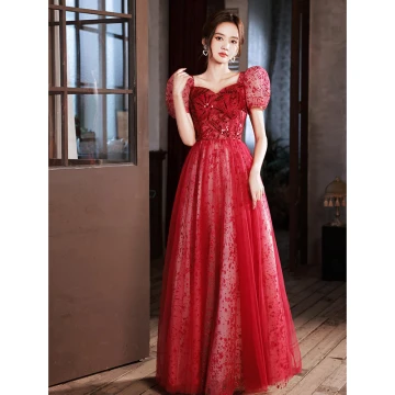 Chic Belle Bordeaux Paillettes Robe De Soirée 2022 Princesse Encolure Carrée Gonflée Manches Courtes Dos Nu Longue Soirée Robe De Ceremonie