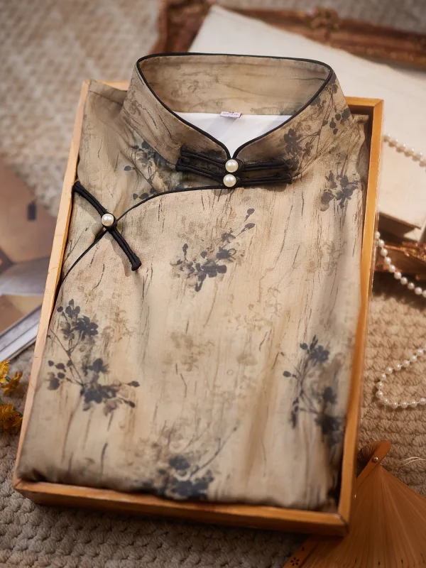 Chinese style Vintage / Retro Khaki Printing Tea-length Cheongsam 2024 Trumpet / Mermaid High Neck Short Sleeve