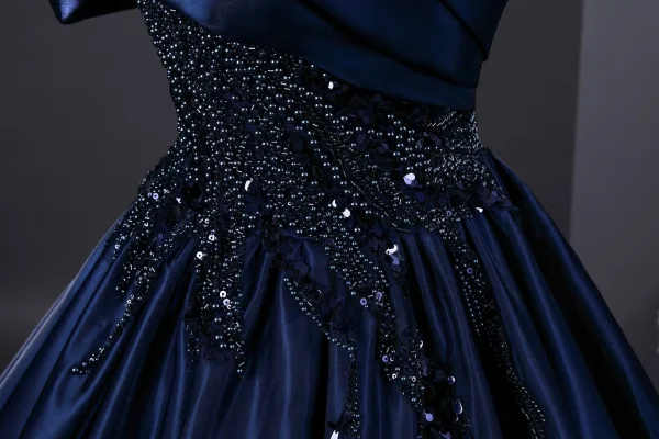 Vintage / Retro Navy Blue Beading Sequins Prom Dresses 2025 Ball Gown Off-The-Shoulder Short Sleeve Backless Floor-Length / Long Formal Dresses