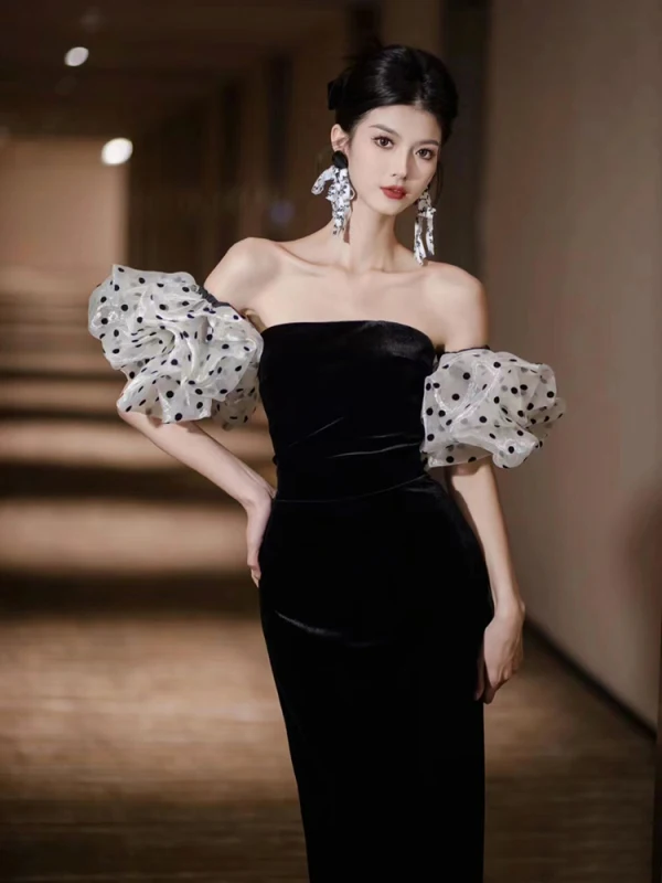 Sexy Black Velvet Spotted Evening Dresses 2024 Trumpet / Mermaid Off-The-Shoulder Short Sleeve Backless Floor-Length / Long Formal Dresses