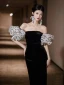 Sexy Black Velvet Spotted Evening Dresses 2024 Trumpet / Mermaid Off-The-Shoulder Short Sleeve Backless Floor-Length / Long Formal Dresses