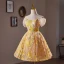 Vintage / Retro Gold Beading Sequins Lace Flower Homecoming Short Graduation Dresses 2024 Off-The-Shoulder Short Sleeve Backless Formal Dresses