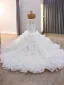 Charming Luxury / Gorgeous White Beading Pearl Rhinestone Cascading Ruffles Wedding Dresses 2025 Trumpet / Mermaid Strapless Sleeveless Backless Royal Train Wedding