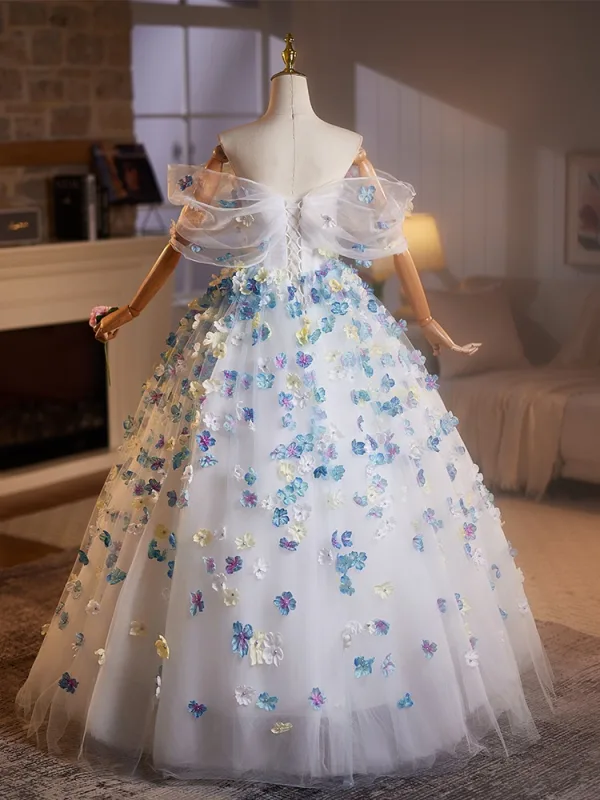 Flower Fairy Sky Blue Appliques Prom Dresses 2025 Ball Gown Off-The-Shoulder Short Sleeve Backless Floor-Length / Long Prom Formal Dresses