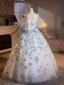 Flower Fairy Sky Blue Appliques Prom Dresses 2025 Ball Gown Off-The-Shoulder Short Sleeve Backless Floor-Length / Long Prom Formal Dresses