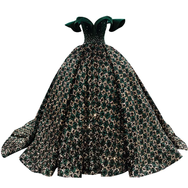 Scintillantes Vert Foncé Perlage Paillettes Daim Robe De Bal 2022 Robe Boule De l'épaule Manches Courtes Dos Nu Chapel Train Promo Robe De Ceremonie