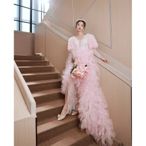 Charming Blushing Pink Cascading Ruffles Tassel Evening Dresses 2023 A Line Princess V Neck Long Sleeve Backless Evening Party Sweep Train Formal Dresses