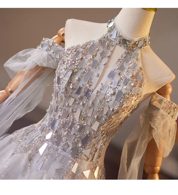 High-end Grey Rhinestone Sequins Prom Dresses 2025 Ball Gown High Neck Short Sleeve Long