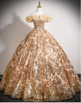 Scintillantes Champagne Paillettes Robe De Bal 2025 Robe Boule Volants De L Épaule Manches Courtes Dos Nu Longue Robe De Ceremonie