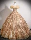 Sparkly Champagne Sequins Prom Dresses 2025 Ball Gown Ruffle Off-The-Shoulder Short Sleeve Backless Floor-Length / Long Formal Dresses