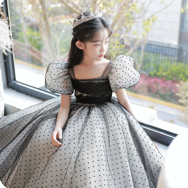 Fashion Black Spotted Evening Party Flower Girl Dresses 2022 A-Line / Princess Square Neckline Puffy Short Sleeve Floor-Length / Long Flower Girl Dresses
