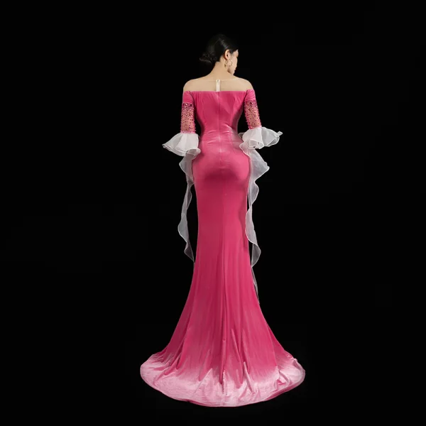 High-end Fuchsia Suede Beading Rhinestone Evening Dresses 2023 Trumpet / Mermaid Scoop Neck Bell sleeves Sweep Train Evening Party Formal Dresses