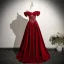 Elegant Burgundy Pearl Velvet Prom Dresses 2025 A-Line / Princess Off-The-Shoulder Short Sleeve Backless Floor-Length / Long Prom Formal Dresses