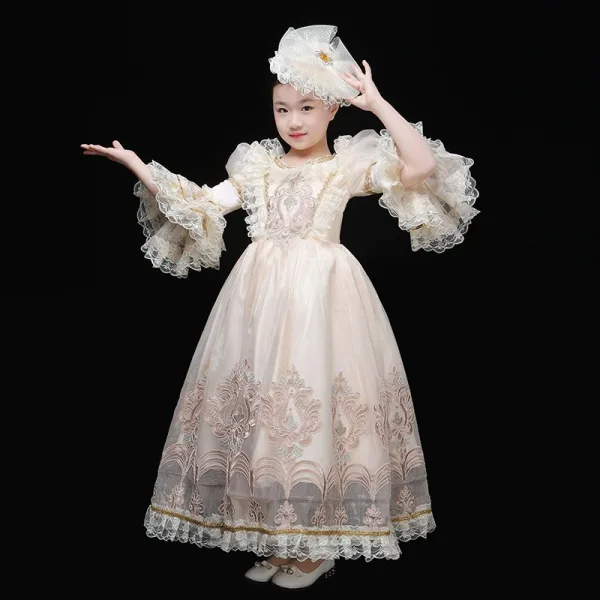 Vintage / Retro Medieval Champagne Flower Girl Dresses 2024 3D Lace Printing Floor-Length / Long High Neck 1/2 Sleeves A-Line / Princess Wedding Cosplay Prom Ball Gown Wedding Party Dresses