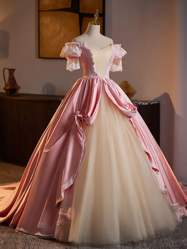 Medieval Vintage / Retro Blushing Pink Lace Flower Ball Gown Prom Dresses 2025 Off-The-Shoulder Short Sleeve Backless Floor-Length / Long Prom Formal Dresses