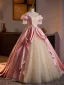 Medieval Vintage / Retro Blushing Pink Lace Flower Ball Gown Prom Dresses 2025 Off-The-Shoulder Short Sleeve Backless Floor-Length / Long Prom Formal Dresses