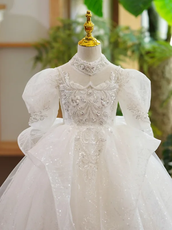 Charming White Beading Pearl Sequins Birthday Flower Girl Dresses 2023 Ball Gown High Neck Puffy Short Sleeve Backless Floor-Length / Long