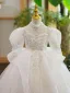 Charming White Beading Pearl Sequins Birthday Flower Girl Dresses 2023 Ball Gown High Neck Puffy Short Sleeve Backless Floor-Length / Long