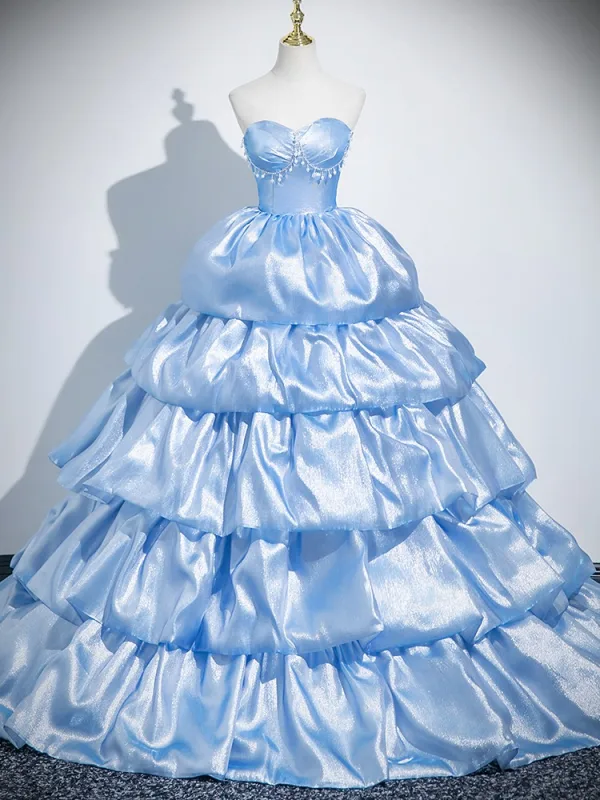 Fashion Sky Blue Pearl Rhinestone Prom Dresses 2025 Ball Gown Strapless Sleeveless Backless Court Train Satin Prom Formal Dresses