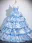 Fashion Sky Blue Pearl Rhinestone Prom Dresses 2025 Ball Gown Strapless Sleeveless Backless Court Train Satin Prom Formal Dresses