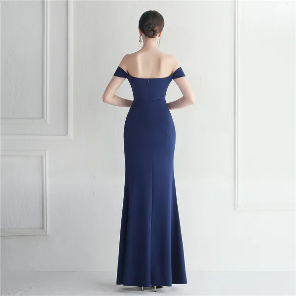 Chic / Beautiful White Split Front Evening Dresses 2024 Trumpet / Mermaid Off-The-Shoulder Sleeveless Backless Floor-Length / Long Evening Party Formal Dresses