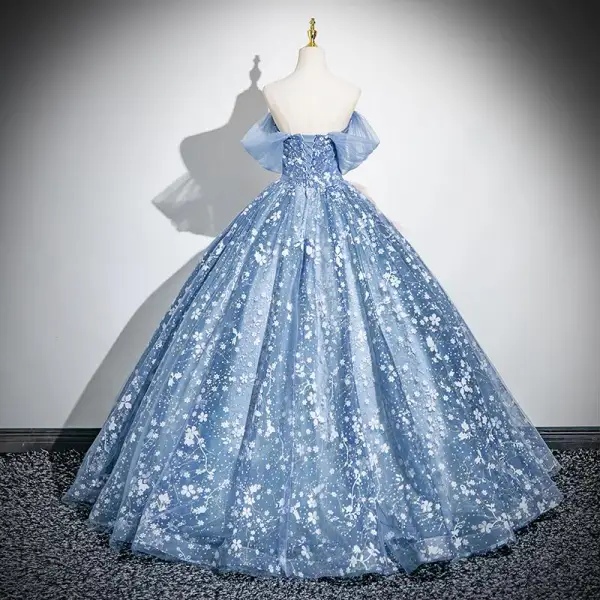 Flower Fairy Sky Blue Appliques Sequins Prom Dresses 2024 Ball Gown Off-The-Shoulder Short Sleeve Backless Floor-Length / Long Prom Formal Dresses
