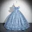 Flower Fairy Sky Blue Appliques Sequins Prom Dresses 2024 Ball Gown Off-The-Shoulder Short Sleeve Backless Floor-Length / Long Prom Formal Dresses