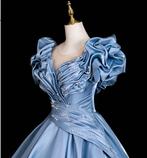 Elegant Sky Blue Beading Sequins Ruffle Prom Dresses 2026 Ball Gown Scoop Neck Short Sleeve Backless Floor-Length / Long Formal Dresses
