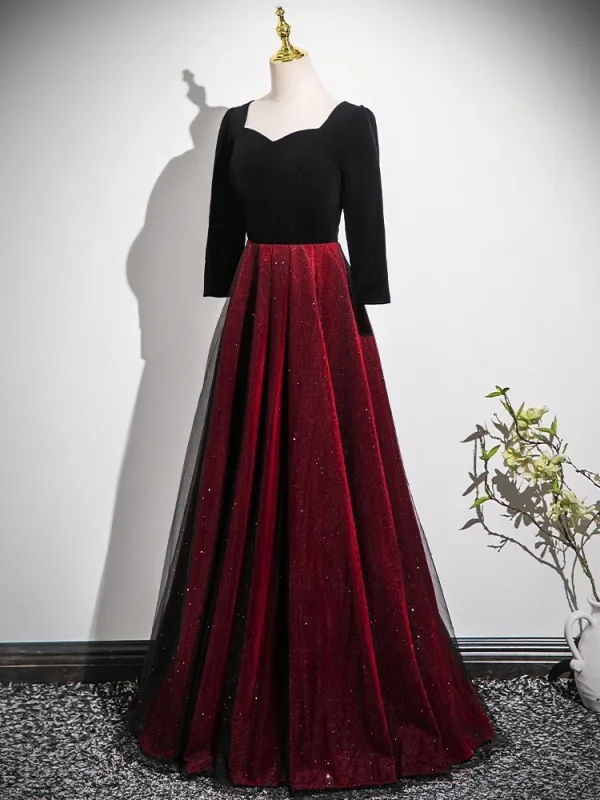 Vintage / Retro Burgundy Glitter Prom Dresses 2025 A-Line / Princess Square Neckline Long Sleeve Backless Floor-Length / Long Prom Formal Dresses