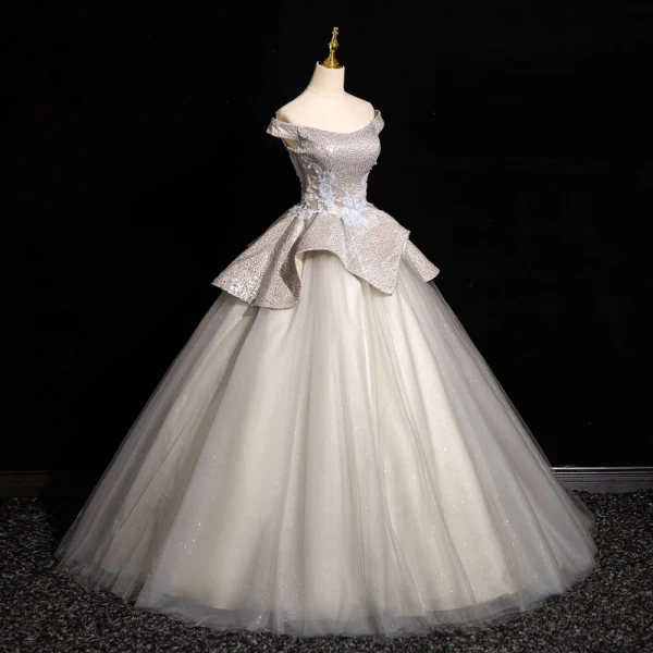 Charmant Ivory / Creme Perlenstickerei Pailletten Ballkleider 2024 Ballkleid Off Shoulder Ärmellos Rückenfreies Lange Ball Festliche Kleider