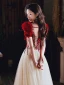 Vintage / Retro Burgundy Printing Prom Dresses 2022 A-Line / Princess Square Neckline Puffy Short Sleeve Backless Bow Floor-Length / Long Prom Formal Dresses