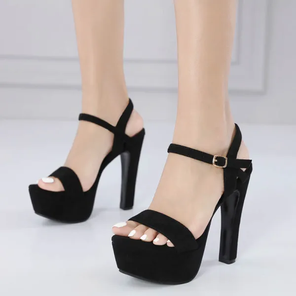 Sexy Noire Cocktail Sandales Femme 2022 Bride Cheville 13 cm Talons Épais Peep Toes / Bout Ouvert Sandales Talons Hauts