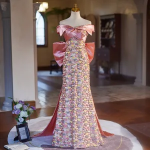 Charmant Rose Bonbon Forme De Coeur Paillettes Robe De Bal 2024 Trompette Sirène De L Épaule Sans Manches Dos Nu Noeud Train De Balayage Satin Promo Robe De Ceremonie