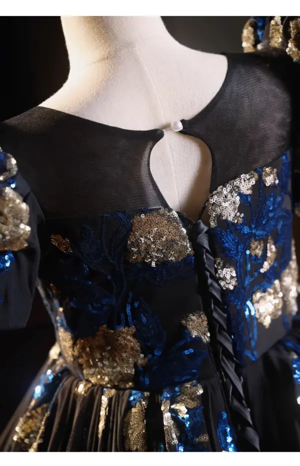 Élégant Bleu Marine Paillettes Anniversaire Robe Ceremonie Fille 2025 Robe Boule Encolure Dégagée Gonflée Manches Courtes Dos Nu Longue