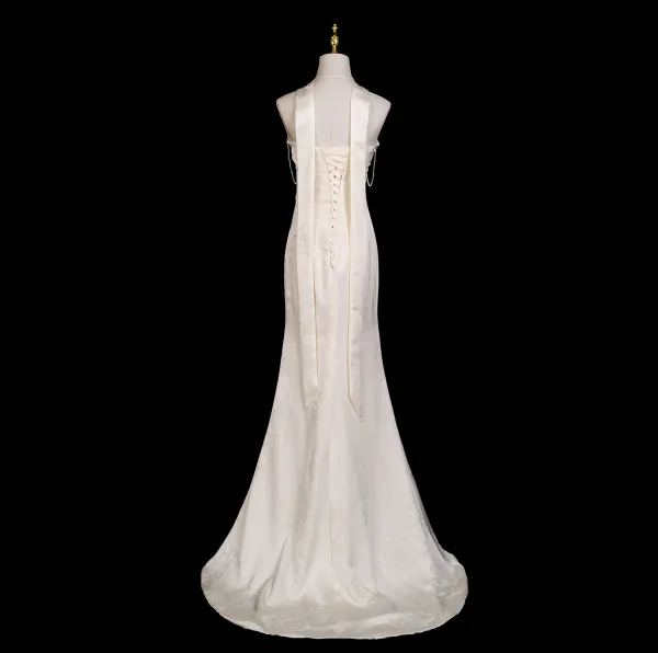 Sexy Ivoire Perle En Dentelle Fleur Robe De Soirée 2025 Trompette / Sirène Bustier Sans Manches Dos Nu Train De Balayage Robe De Ceremonie